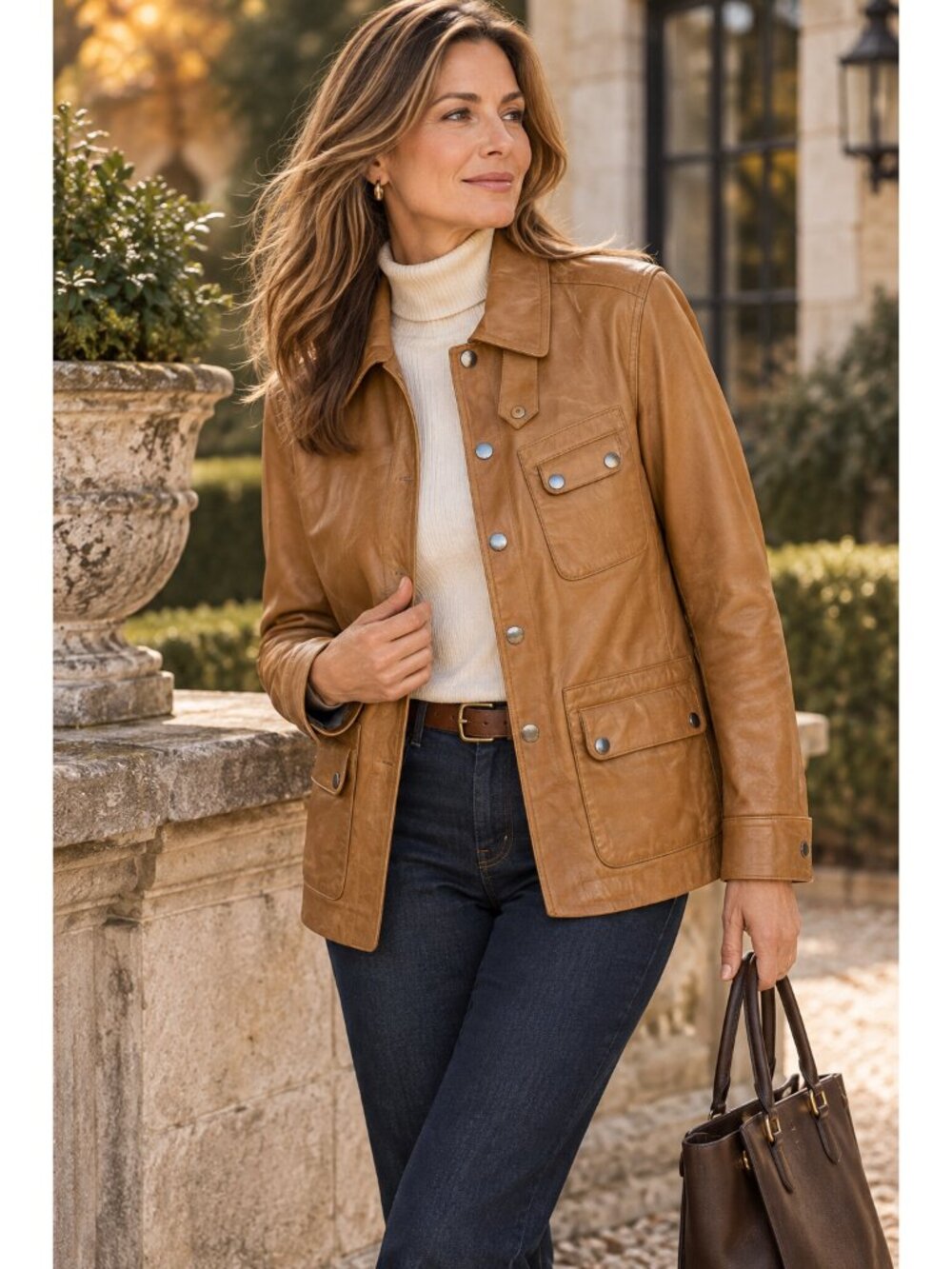 Lauren Ralph Lauren Leather Field Jacket Womens L Cognac Brown Utility Safari